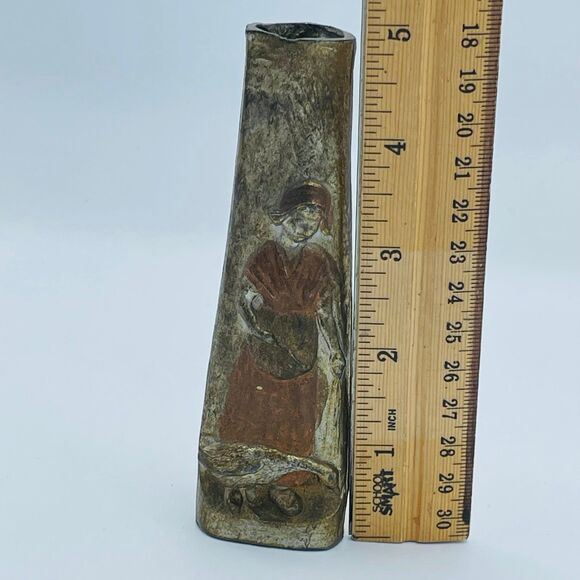 Vintage Slender Brass Bronze Metal Triangular Bud Vase Decor Woman w/ Goose - Picture 7 of 8